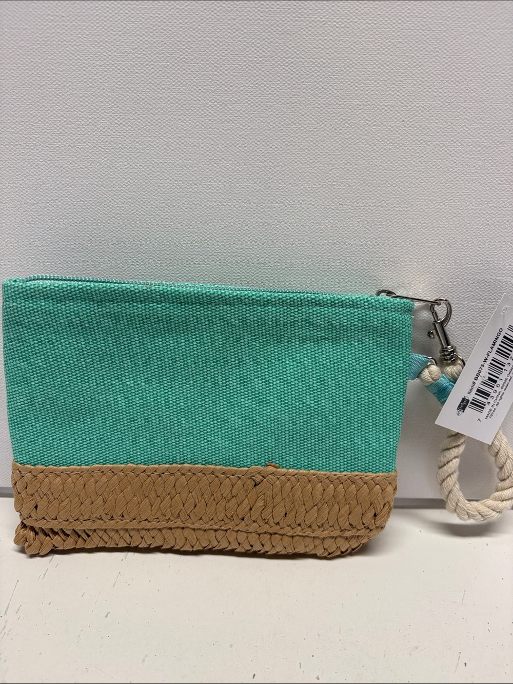 Teal Canvas & Woven Straw Flamingo Wristlet Clutch - Picture 6 of 11
